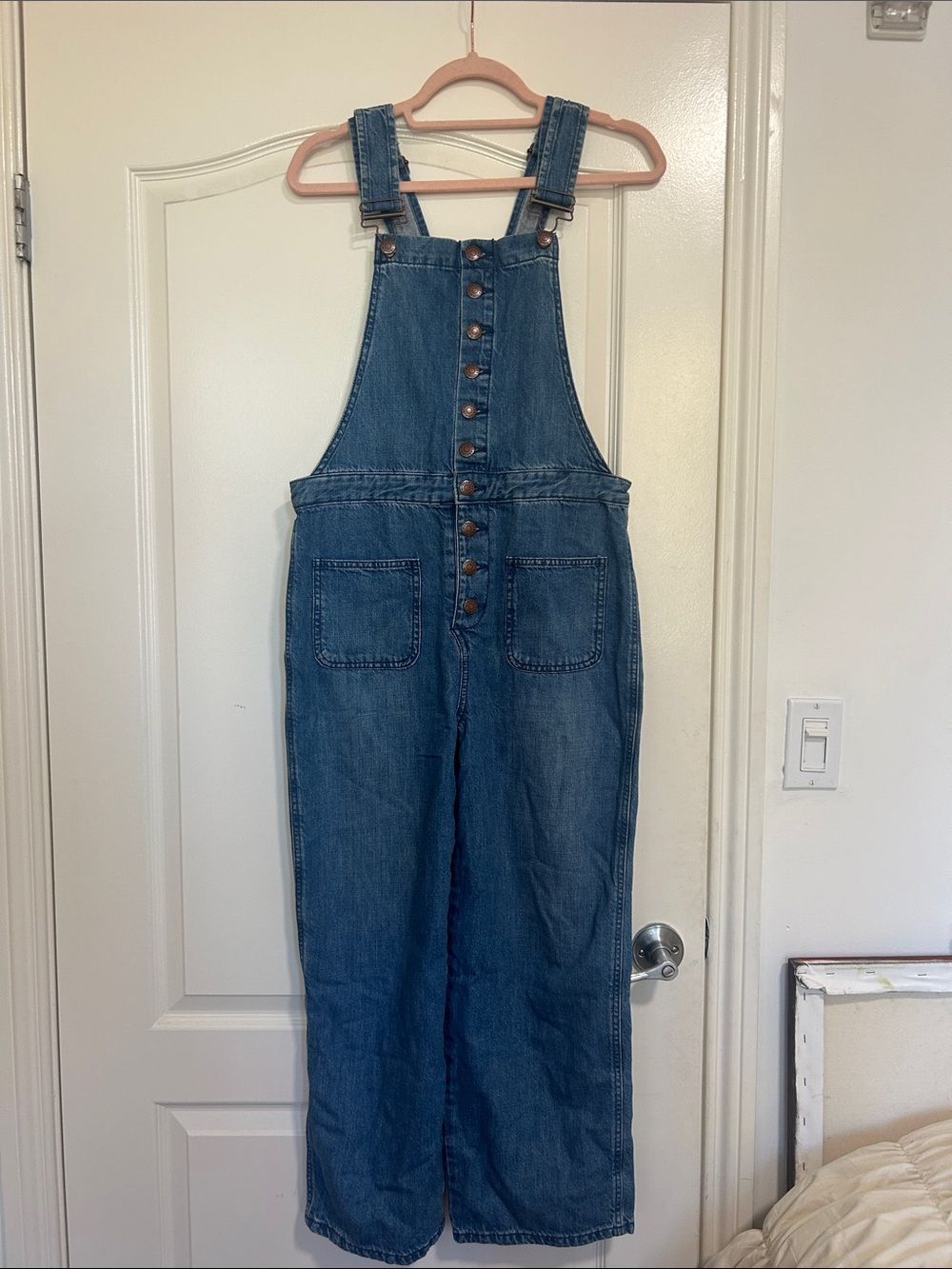 Denim Button-Front Overalls in Classic Blue